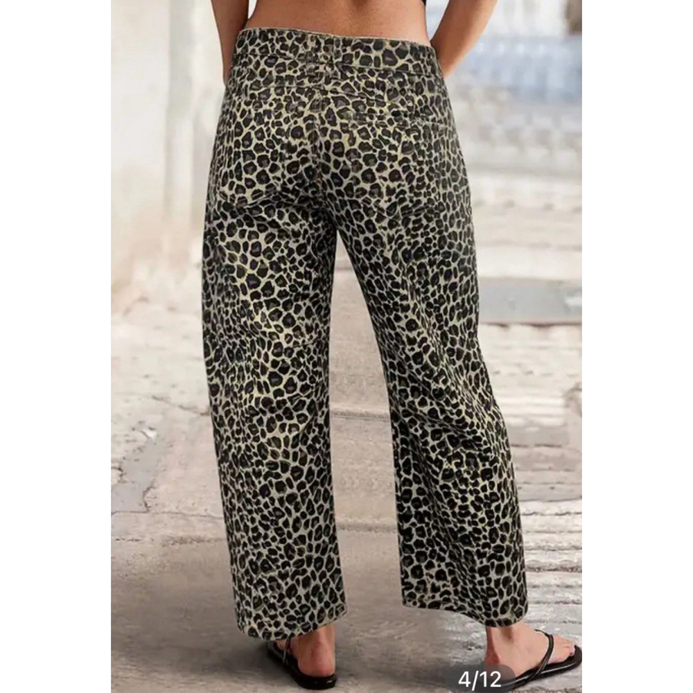 Y2K Leopard Print Seam Detail Mid Rise Barrel Leg Pants FLAMINGALS L - Picture 4 of 11